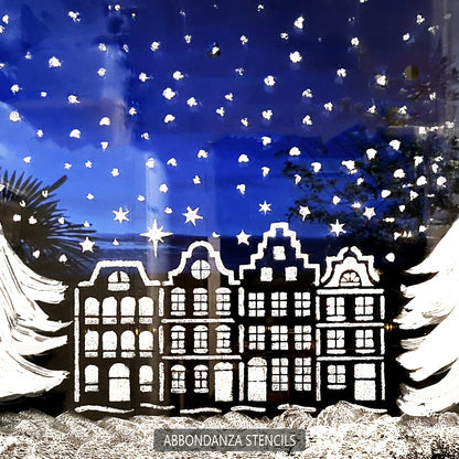 Stencil kersthuisjes op raam gesjabloneerd